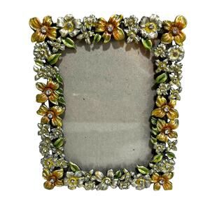 Romantic floral enamel photo picture frame yellow orange green & rhinestones